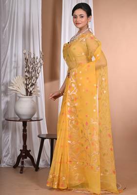 yellow Jamdani silk blend Organza Saree With Blouse Piece 4