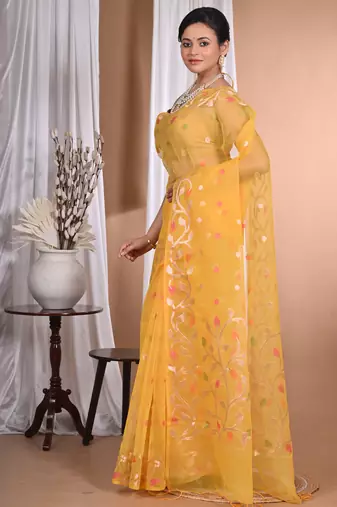 yellow Jamdani silk blend Organza Saree With Blouse Piece