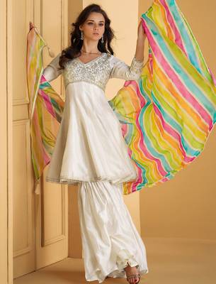 Off-white silver embroidery silk sharara with multicolor striped dupatta 1