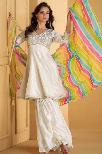Off-white silver embroidery silk sharara with multicolor striped dupatta