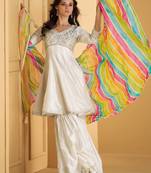 Off-white silver embroidery silk sharara with multicolor striped dupatta