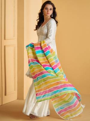 Off-white silver embroidery silk sharara with multicolor striped dupatta 2