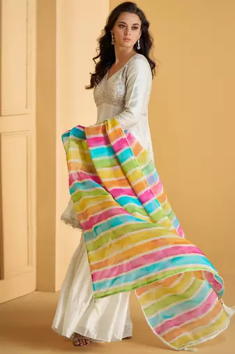 Off-white silver embroidery silk sharara with multicolor striped dupatta