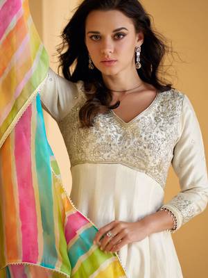 Off-white silver embroidery silk sharara with multicolor striped dupatta 3