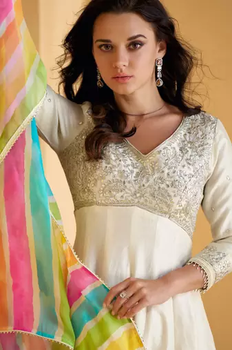 Off-white silver embroidery silk sharara with multicolor striped dupatta