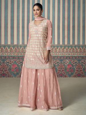 Rose pink sequins embroidery chinnon silk palazo with dupatta free size stitch 1