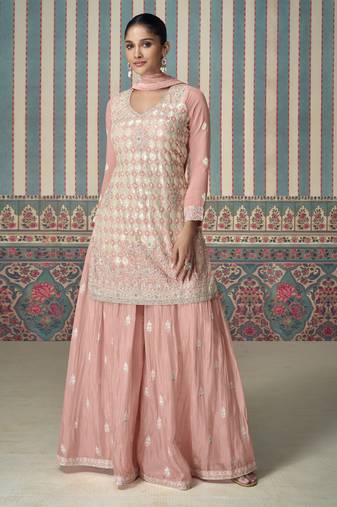 Rose pink sequins embroidery chinnon silk palazo with dupatta free size stitch