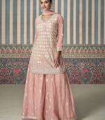 Rose pink sequins embroidery chinnon silk palazo with dupatta free size stitch