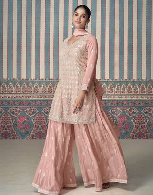 Rose pink sequins embroidery chinnon silk palazo with dupatta free size stitch 2