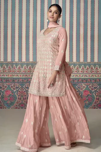 Rose pink sequins embroidery chinnon silk palazo with dupatta free size stitch