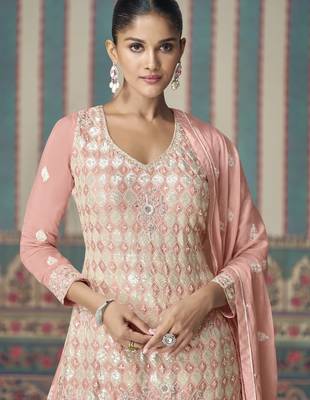 Rose pink sequins embroidery chinnon silk palazo with dupatta free size stitch 3