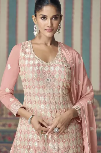 Rose pink sequins embroidery chinnon silk palazo with dupatta free size stitch