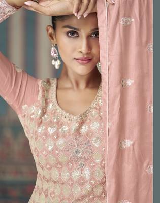 Rose pink sequins embroidery chinnon silk palazo with dupatta free size stitch 4
