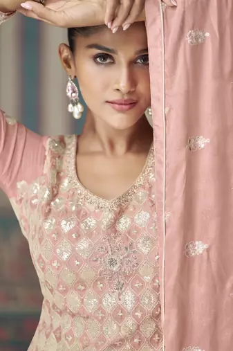 Rose pink sequins embroidery chinnon silk palazo with dupatta free size stitch