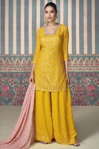 Yellow sequins embroidery chinnon silk palazo with dupatta free size stitch