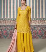 Yellow sequins embroidery chinnon silk palazo with dupatta free size stitch