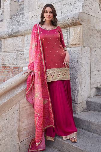 Magenta pink embroidered chinnon silk palazzo suit with dupatta