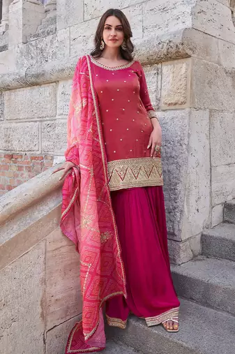 Magenta pink embroidered chinnon silk palazzo suit with dupatta