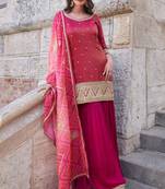 Magenta pink embroidered chinnon silk palazzo suit with dupatta