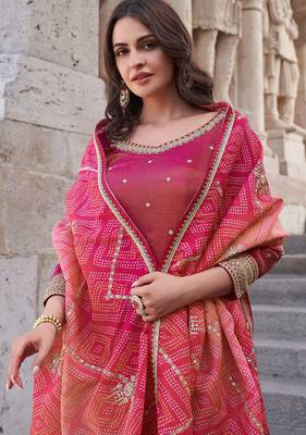 Magenta pink embroidered chinnon silk palazzo suit with dupatta 2
