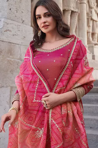 Magenta pink embroidered chinnon silk palazzo suit with dupatta