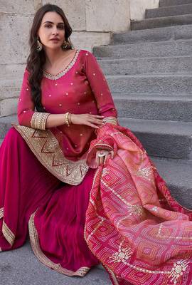 Magenta pink embroidered chinnon silk palazzo suit with dupatta 3