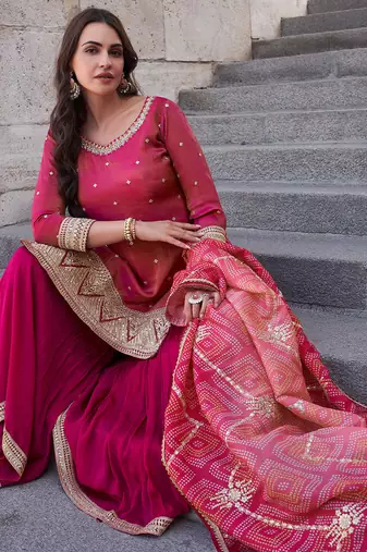 Magenta pink embroidered chinnon silk palazzo suit with dupatta