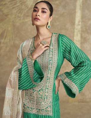 Green embroidered chinnon silk free size stitch gharara suit with dupatta 2