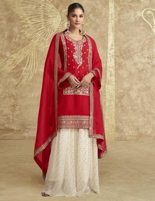 Red sequins embroidered chinnon silk free size stitch suit with dupatta 1