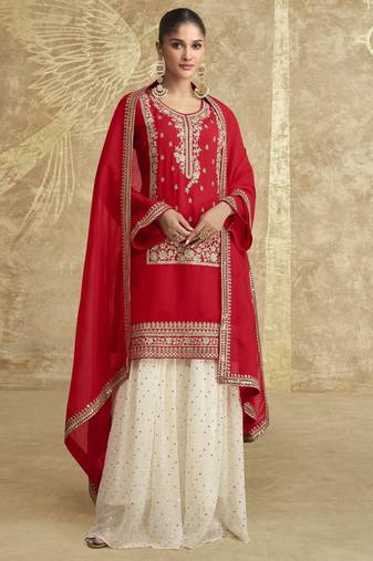 Red sequins embroidered chinnon silk free size stitch suit with dupatta