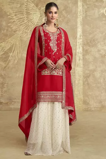Red sequins embroidered chinnon silk free size stitch suit with dupatta