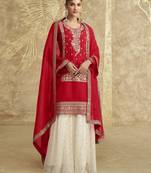 Red sequins embroidered chinnon silk free size stitch suit with dupatta