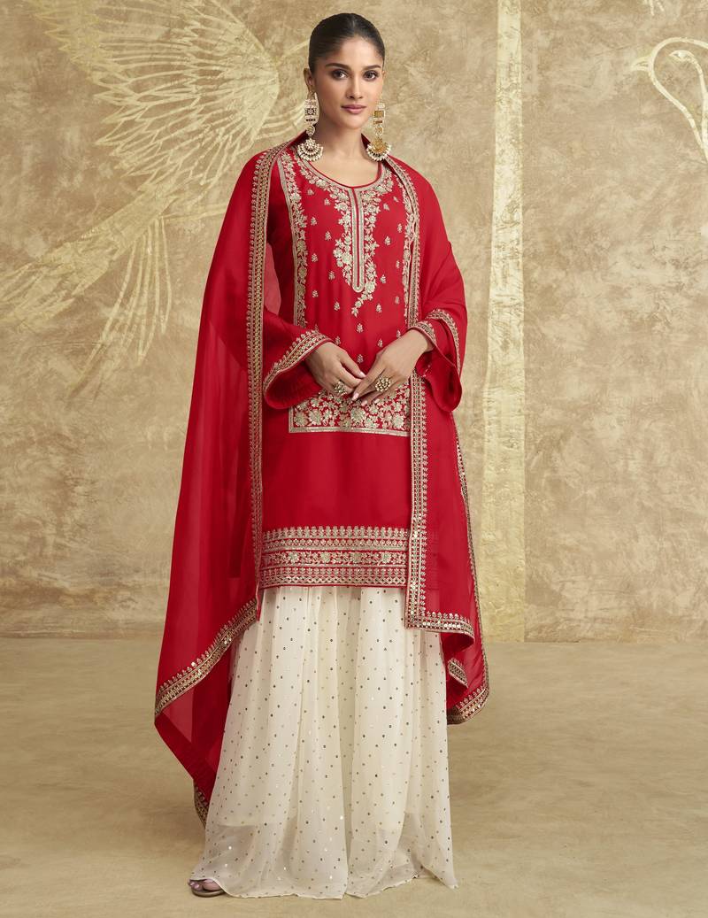 Red sequins embroidered chinnon silk free size stitch suit with dupatta