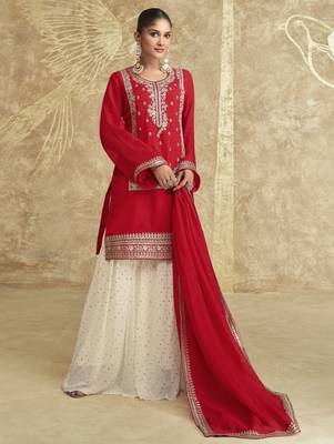 Red sequins embroidered chinnon silk free size stitch suit with dupatta 2