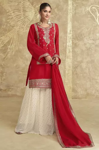 Red sequins embroidered chinnon silk free size stitch suit with dupatta