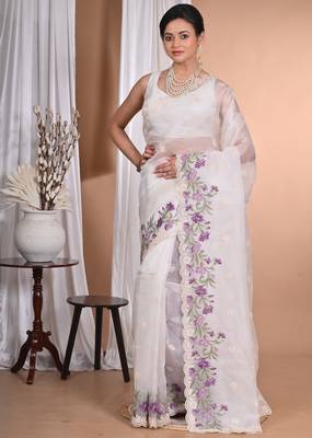 off white Pure Organza Tread Work Saree With Blouse Piece 3