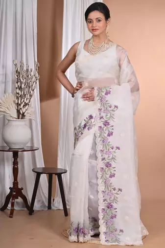 off white Pure Organza Tread Work Saree With Blouse Piece
