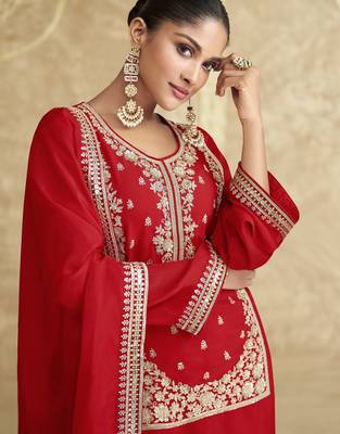 Red sequins embroidered chinnon silk free size stitch suit with dupatta 3