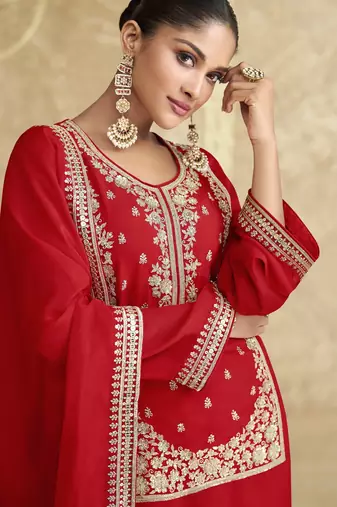 Red sequins embroidered chinnon silk free size stitch suit with dupatta