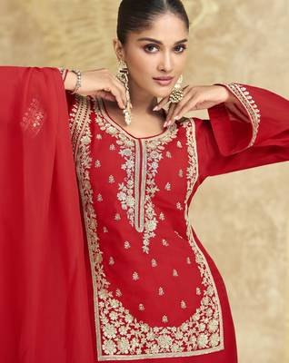 Red sequins embroidered chinnon silk free size stitch suit with dupatta 4