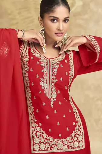 Red sequins embroidered chinnon silk free size stitch suit with dupatta