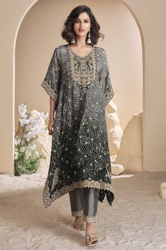 Grey black shaded viscose kaftan poncho style pant suit