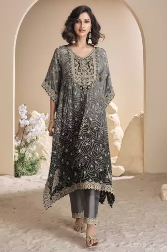Grey black shaded viscose kaftan poncho style pant suit