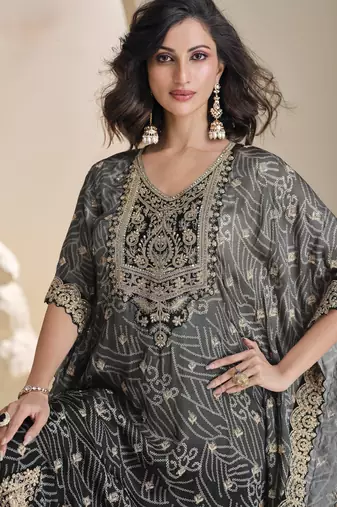 Grey black shaded viscose kaftan poncho style pant suit