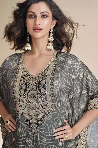 Grey black shaded viscose kaftan poncho style pant suit