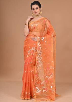 orange Jamdani silk blend Organza Saree With Blouse Piece 4