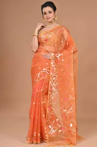 orange Jamdani silk blend Organza Saree With Blouse Piece