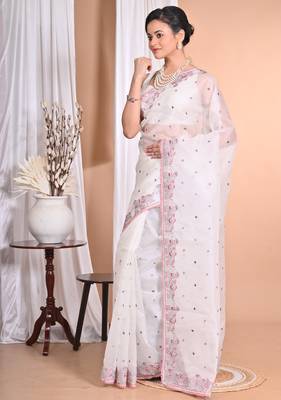 off white Pure Organza Tread Work Saree With Blouse Piece 4