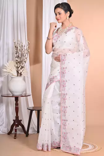 off white Pure Organza Tread Work Saree With Blouse Piece