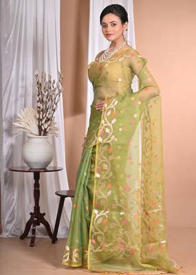 green Jamdani silk blend Organza Saree With Blouse Piece 4
